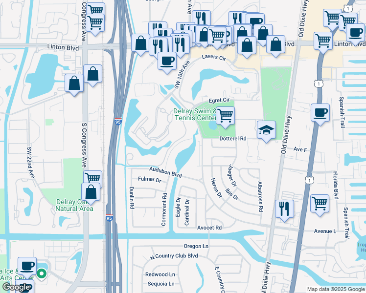 map of restaurants, bars, coffee shops, grocery stores, and more near 1000-1098 Dotterel Road in Delray Beach