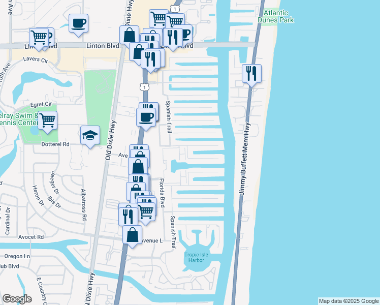 map of restaurants, bars, coffee shops, grocery stores, and more near 2511 Boone Drive in Delray Beach