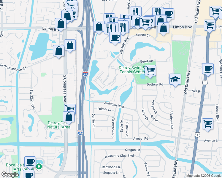 map of restaurants, bars, coffee shops, grocery stores, and more near 2036 Alta Meadows Lane in Delray Beach