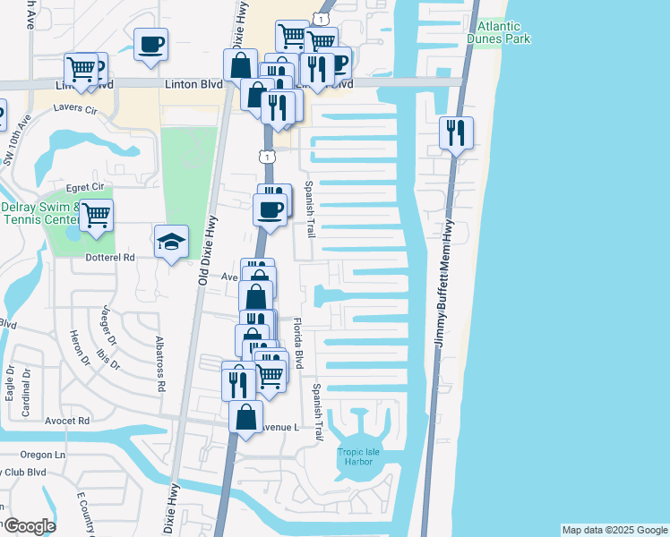 map of restaurants, bars, coffee shops, grocery stores, and more near 2511 Boone Drive in Delray Beach