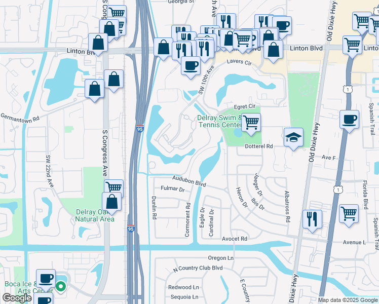 map of restaurants, bars, coffee shops, grocery stores, and more near 1125 Crystal Way in Delray Beach