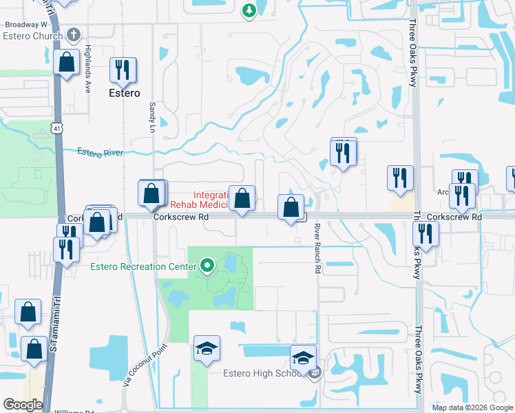 map of restaurants, bars, coffee shops, grocery stores, and more near 21271 Cypress Park Circle in Estero