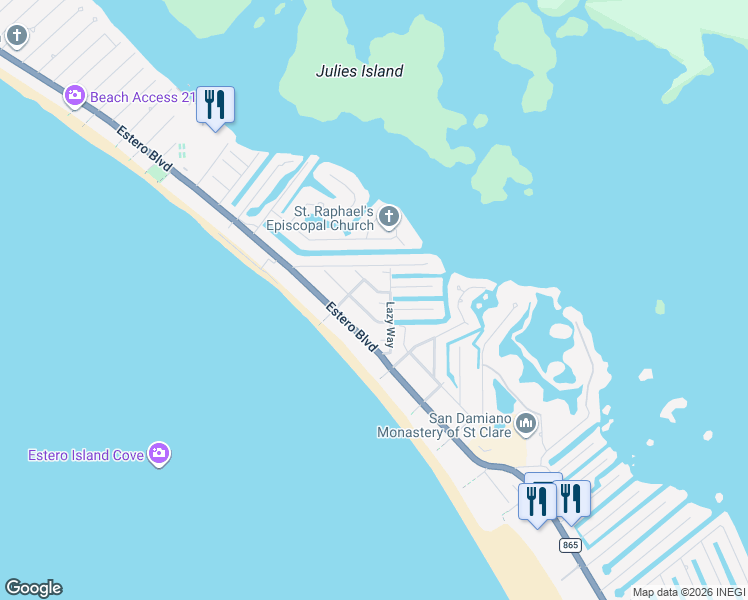 map of restaurants, bars, coffee shops, grocery stores, and more near 5540 Oak Ridge Avenue in Fort Myers Beach