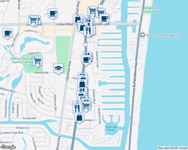 map of restaurants, bars, coffee shops, grocery stores, and more near 2525 Florida Boulevard in Delray Beach
