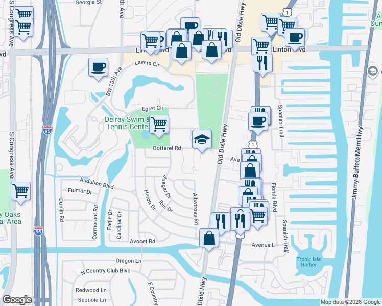 map of restaurants, bars, coffee shops, grocery stores, and more near 2560 Albatross Road North in Delray Beach