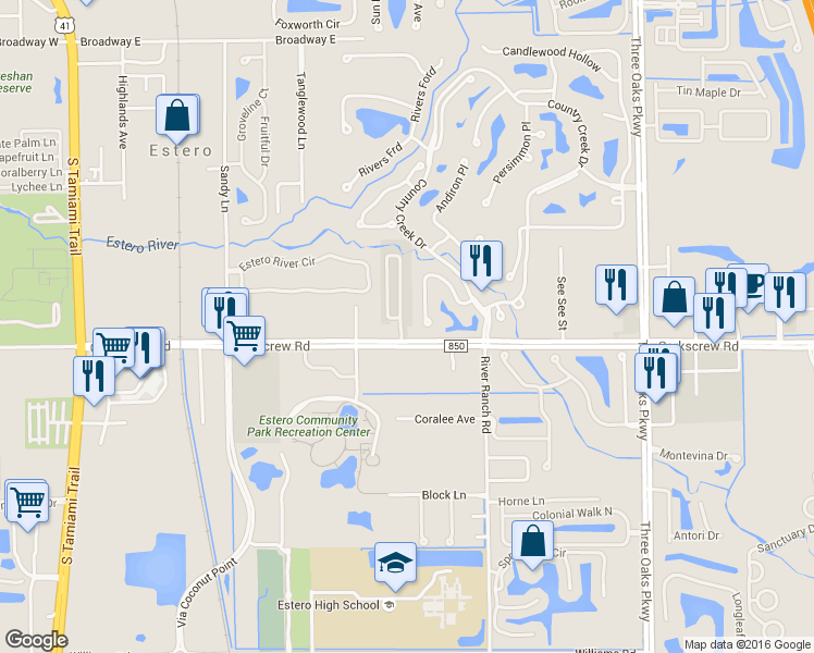 map of restaurants, bars, coffee shops, grocery stores, and more near 21271 Cypress Park Circle in Estero