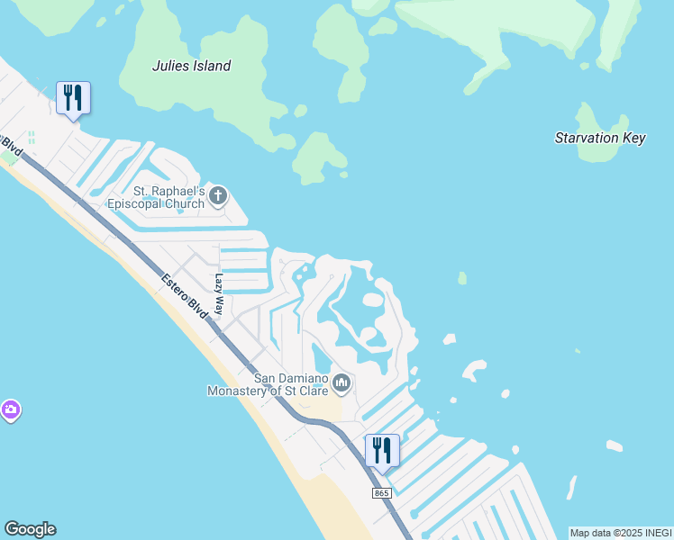 map of restaurants, bars, coffee shops, grocery stores, and more near 21500 Indian Bayou Drive in Fort Myers Beach