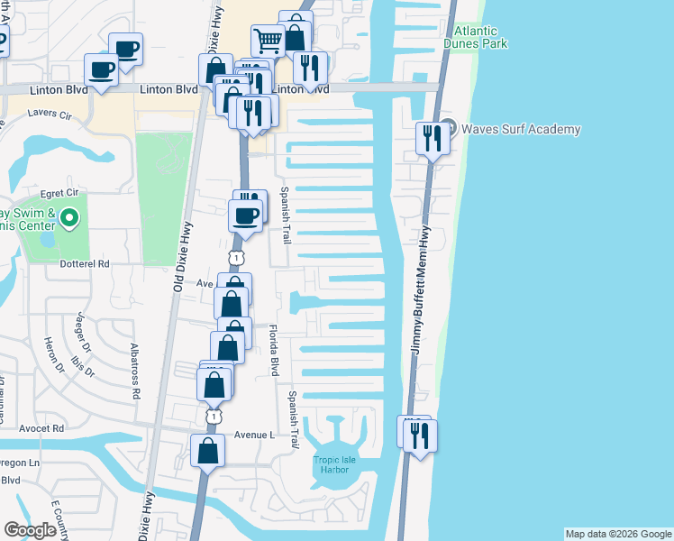 map of restaurants, bars, coffee shops, grocery stores, and more near 940 Dogwood Drive in Delray Beach