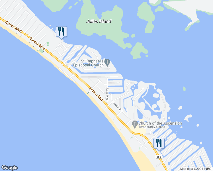 map of restaurants, bars, coffee shops, grocery stores, and more near 395 Lazy Way in Fort Myers Beach