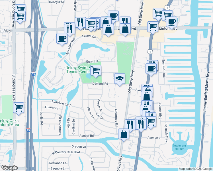 map of restaurants, bars, coffee shops, grocery stores, and more near 2698 Albatross Road North in Delray Beach
