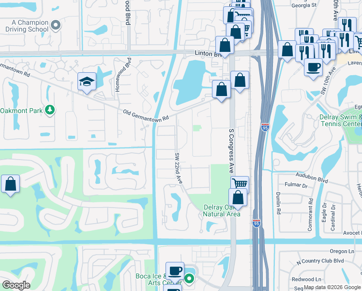 map of restaurants, bars, coffee shops, grocery stores, and more near 2425 Southwest 22nd Avenue in Delray Beach