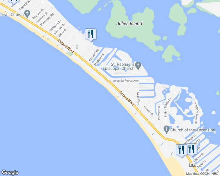 map of restaurants, bars, coffee shops, grocery stores, and more near 5256 Estero Boulevard in Fort Myers Beach