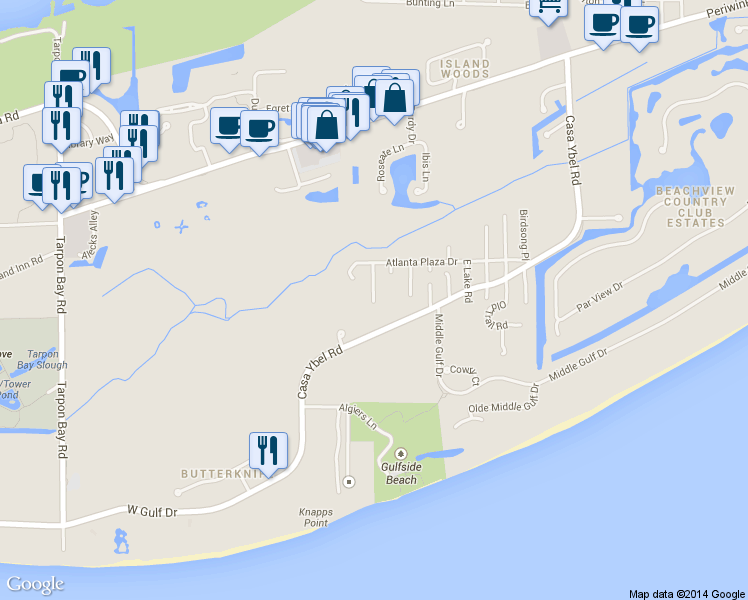 map of restaurants, bars, coffee shops, grocery stores, and more near 490 Elizabeth Road in Sanibel