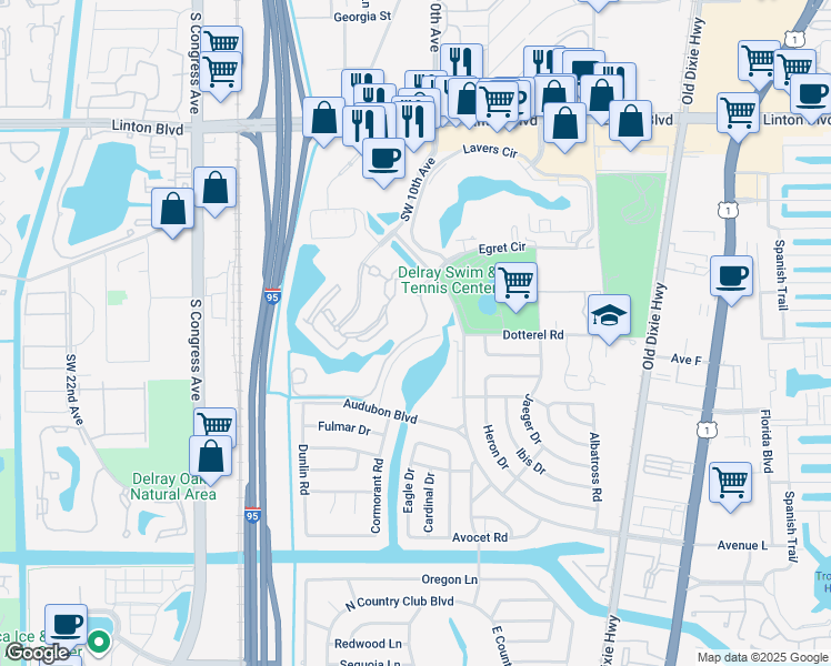 map of restaurants, bars, coffee shops, grocery stores, and more near 1000 Crystal Way in Delray Beach