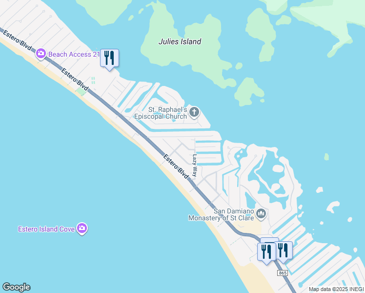 map of restaurants, bars, coffee shops, grocery stores, and more near 5474 Oak Ridge Avenue in Fort Myers Beach