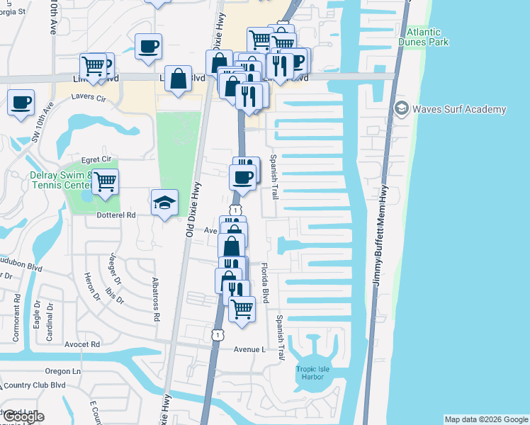 map of restaurants, bars, coffee shops, grocery stores, and more near 2312 Spanish Trail in Delray Beach
