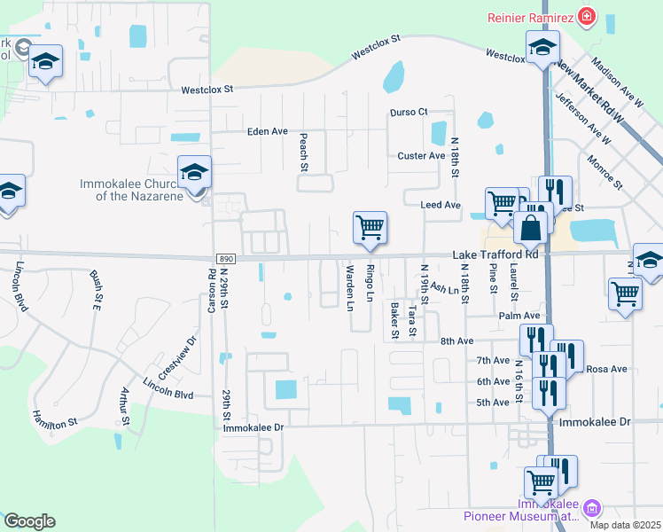 map of restaurants, bars, coffee shops, grocery stores, and more near 1104 Marjorie Street in Immokalee