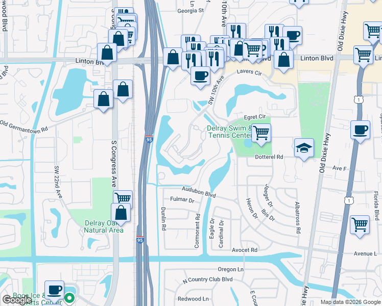 map of restaurants, bars, coffee shops, grocery stores, and more near 2018 Alta Meadows Lane in Delray Beach