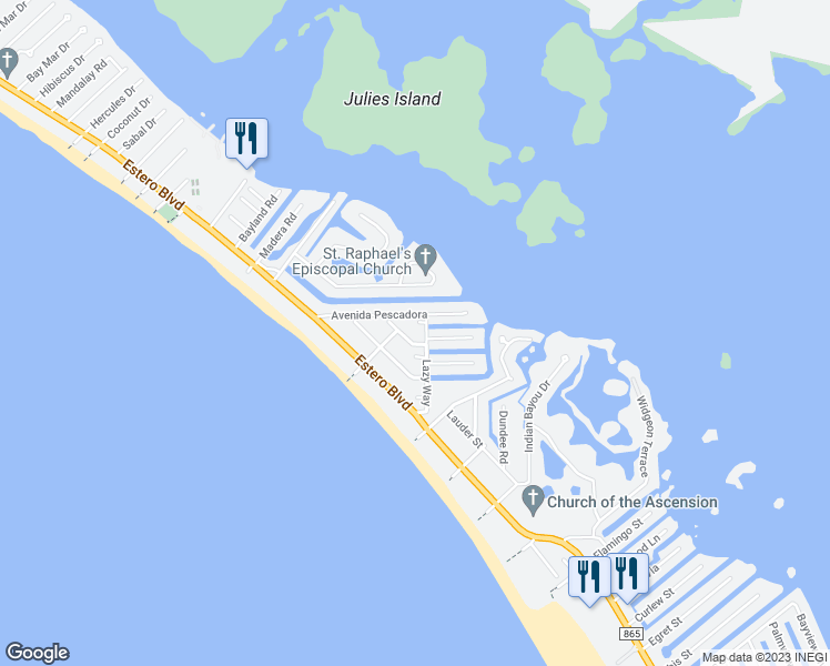 map of restaurants, bars, coffee shops, grocery stores, and more near 415 Lazy Way in Fort Myers Beach