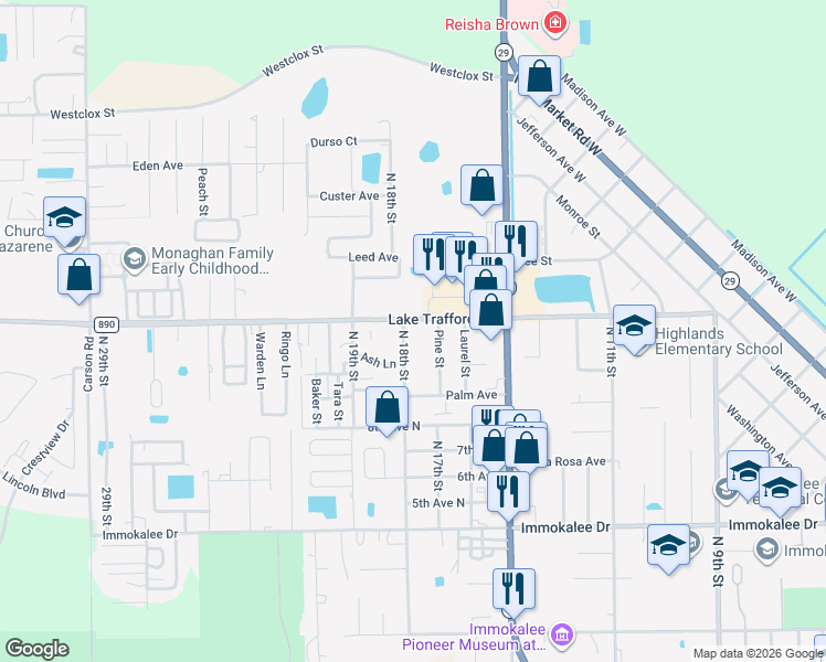 map of restaurants, bars, coffee shops, grocery stores, and more near 1109 Hickock Lane in Immokalee