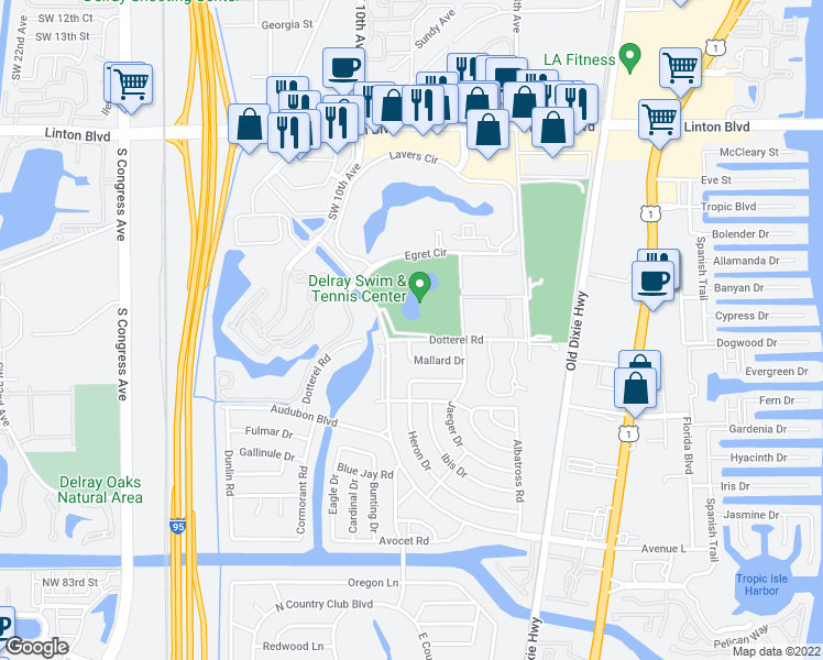 map of restaurants, bars, coffee shops, grocery stores, and more near 755 Dotterel Road in Delray Beach
