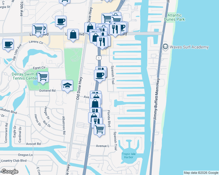map of restaurants, bars, coffee shops, grocery stores, and more near 2312 Spanish Trail in Delray Beach
