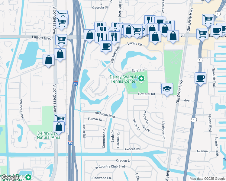 map of restaurants, bars, coffee shops, grocery stores, and more near 1000 Crystal Way in Delray Beach