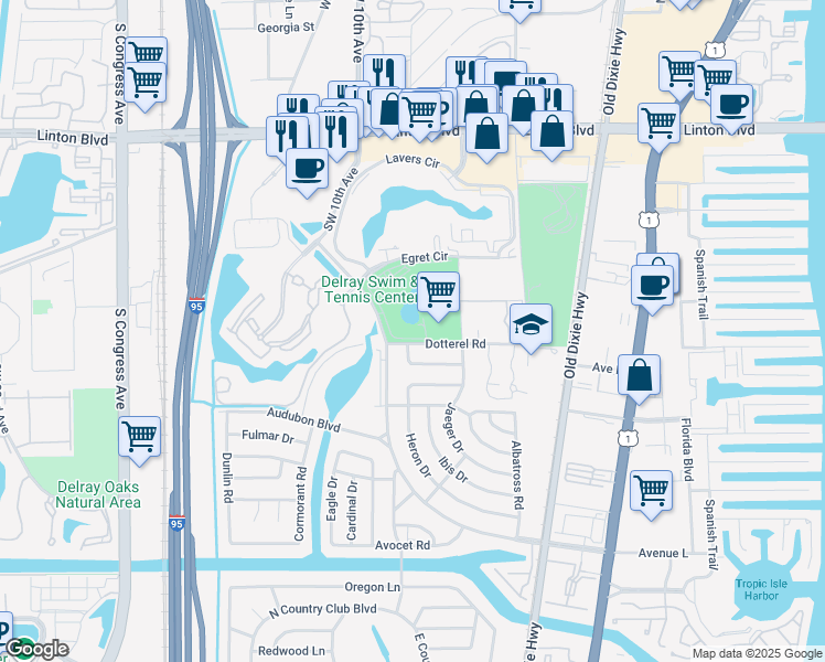 map of restaurants, bars, coffee shops, grocery stores, and more near 755 Dotterel Road in Delray Beach