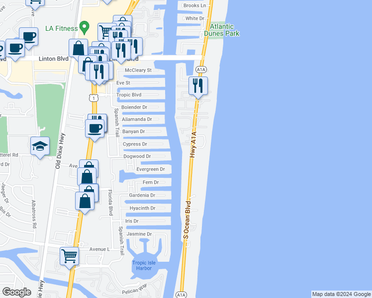 map of restaurants, bars, coffee shops, grocery stores, and more near 2204 South Ocean Boulevard in Delray Beach