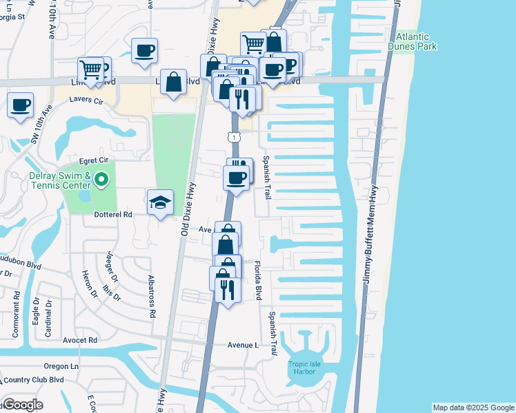 map of restaurants, bars, coffee shops, grocery stores, and more near 2312 Spanish Trail in Delray Beach