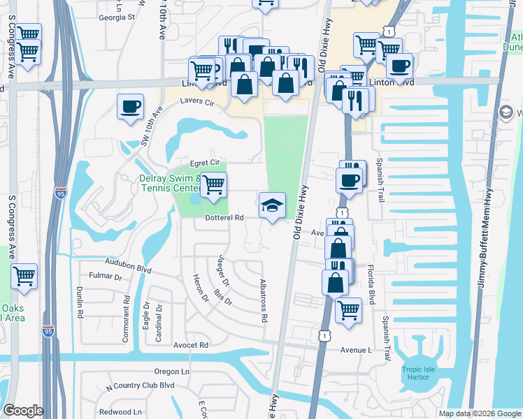 map of restaurants, bars, coffee shops, grocery stores, and more near 516 Osprey Drive in Delray Beach