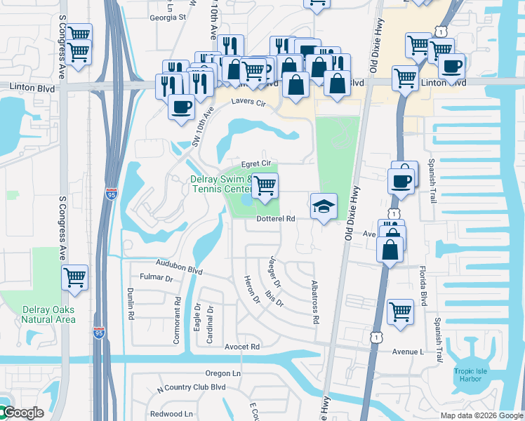 map of restaurants, bars, coffee shops, grocery stores, and more near 755 Dotterel Road in Delray Beach