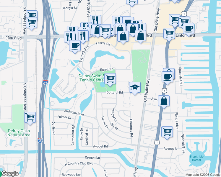 map of restaurants, bars, coffee shops, grocery stores, and more near 755 Dotterel Road in Delray Beach
