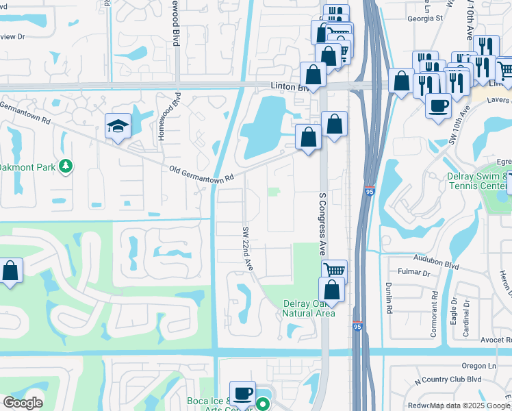 map of restaurants, bars, coffee shops, grocery stores, and more near 2205 Southwest 22nd Avenue in Delray Beach