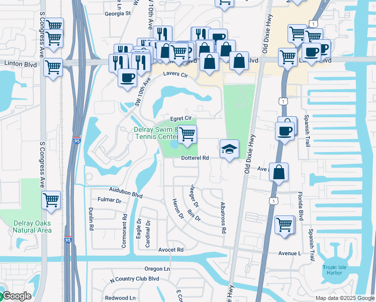 map of restaurants, bars, coffee shops, grocery stores, and more near 755 Dotterel Road in Delray Beach