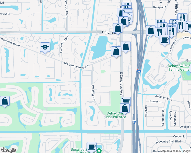 map of restaurants, bars, coffee shops, grocery stores, and more near 2265 Southwest 22nd Avenue in Delray Beach