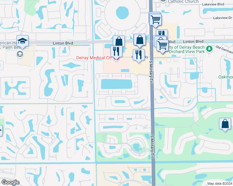 map of restaurants, bars, coffee shops, grocery stores, and more near 5270 Tennis Lane in Delray Beach