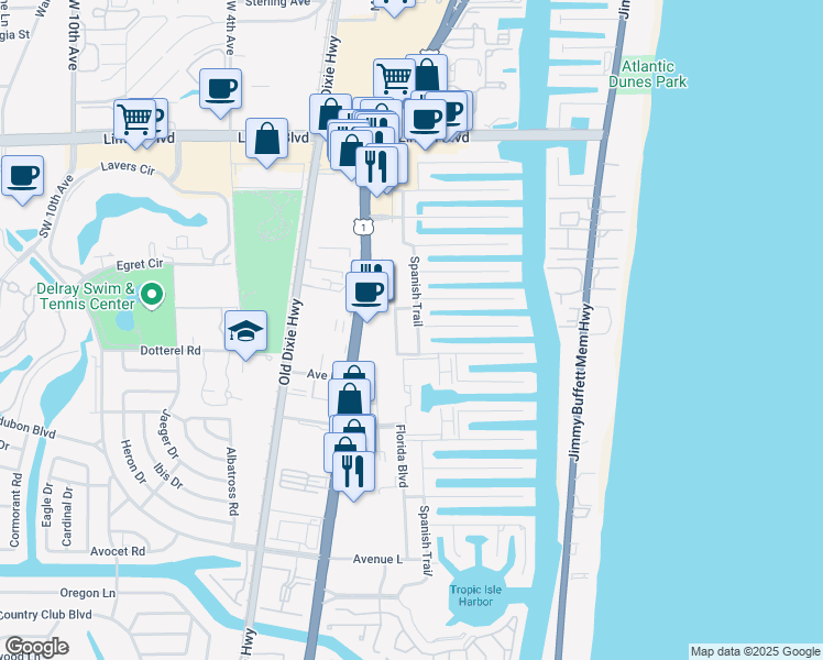 map of restaurants, bars, coffee shops, grocery stores, and more near 2312 Spanish Trail in Delray Beach