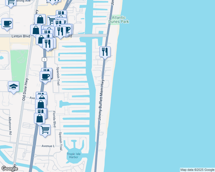 map of restaurants, bars, coffee shops, grocery stores, and more near 2175 South Ocean Boulevard in Delray Beach