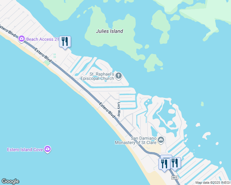map of restaurants, bars, coffee shops, grocery stores, and more near 450 Lazy Way in Fort Myers Beach