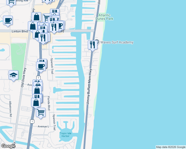 map of restaurants, bars, coffee shops, grocery stores, and more near 2175 South Ocean Boulevard in Delray Beach