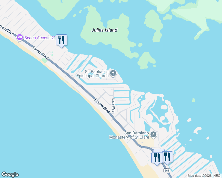 map of restaurants, bars, coffee shops, grocery stores, and more near 450 Lazy Way in Fort Myers Beach