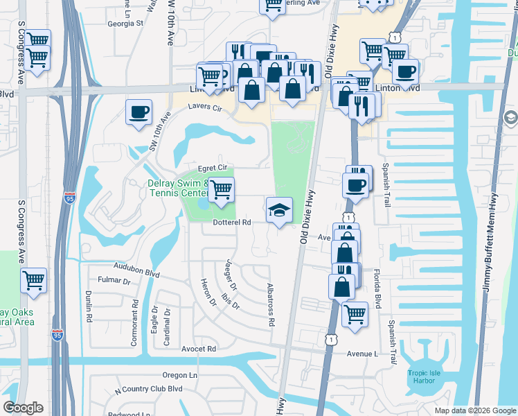 map of restaurants, bars, coffee shops, grocery stores, and more near 516 Osprey Drive in Delray Beach