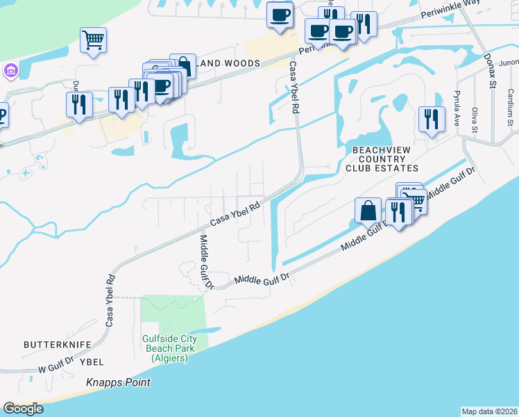 map of restaurants, bars, coffee shops, grocery stores, and more near 490 Old Trail Road in Sanibel