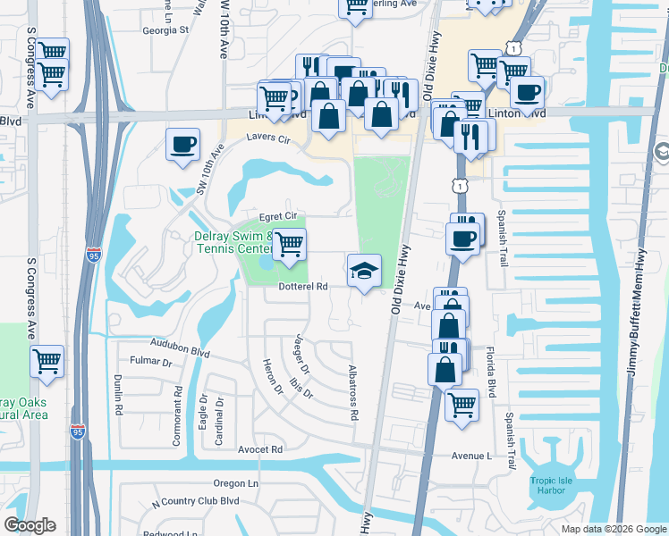 map of restaurants, bars, coffee shops, grocery stores, and more near 516 Osprey Drive in Delray Beach