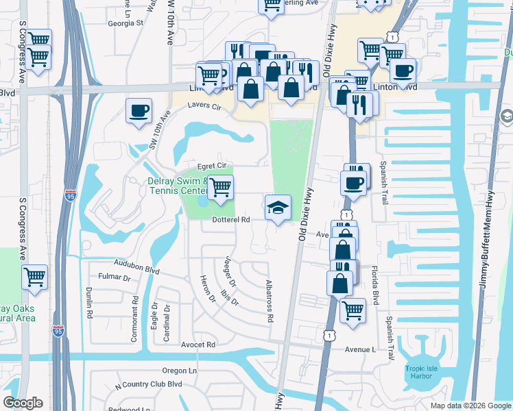 map of restaurants, bars, coffee shops, grocery stores, and more near 501 Dotterel Road in Delray Beach