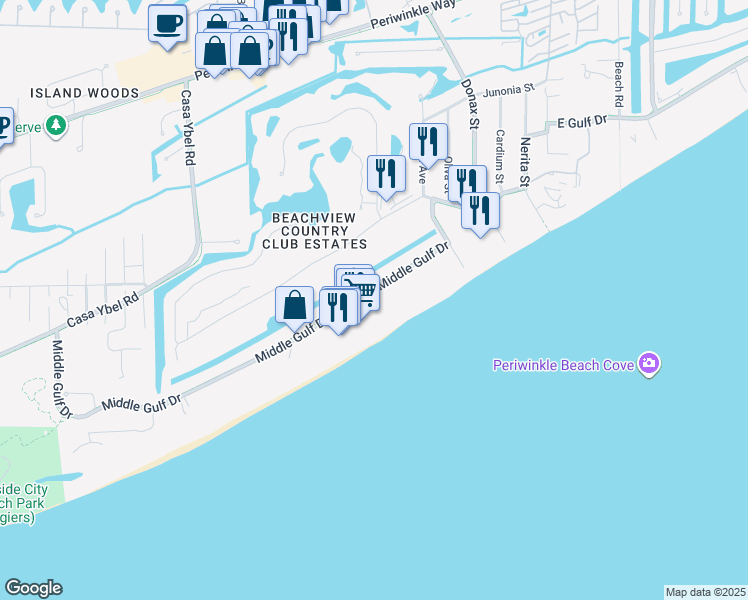 map of restaurants, bars, coffee shops, grocery stores, and more near 1401 Middle Gulf Drive in Sanibel