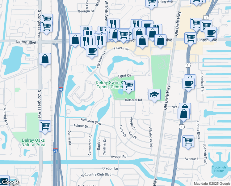 map of restaurants, bars, coffee shops, grocery stores, and more near 2255 Lindell Boulevard in Delray Beach