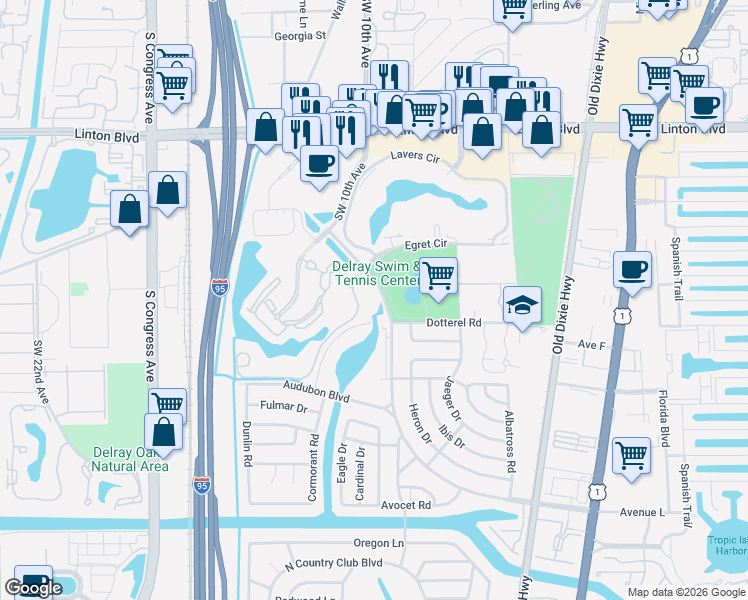 map of restaurants, bars, coffee shops, grocery stores, and more near 1000 Crystal Way in Delray Beach