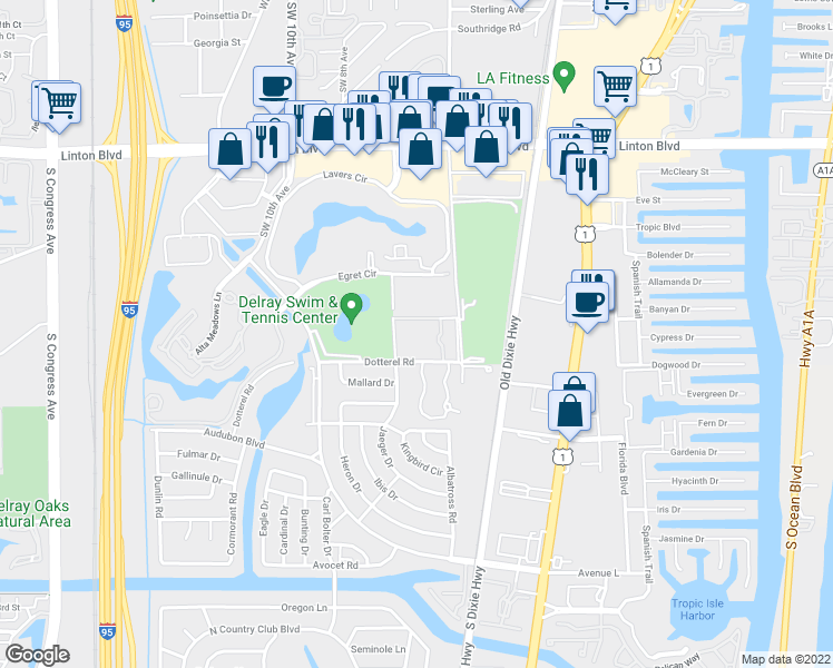 map of restaurants, bars, coffee shops, grocery stores, and more near 2395 Jaeger Drive in Delray Beach